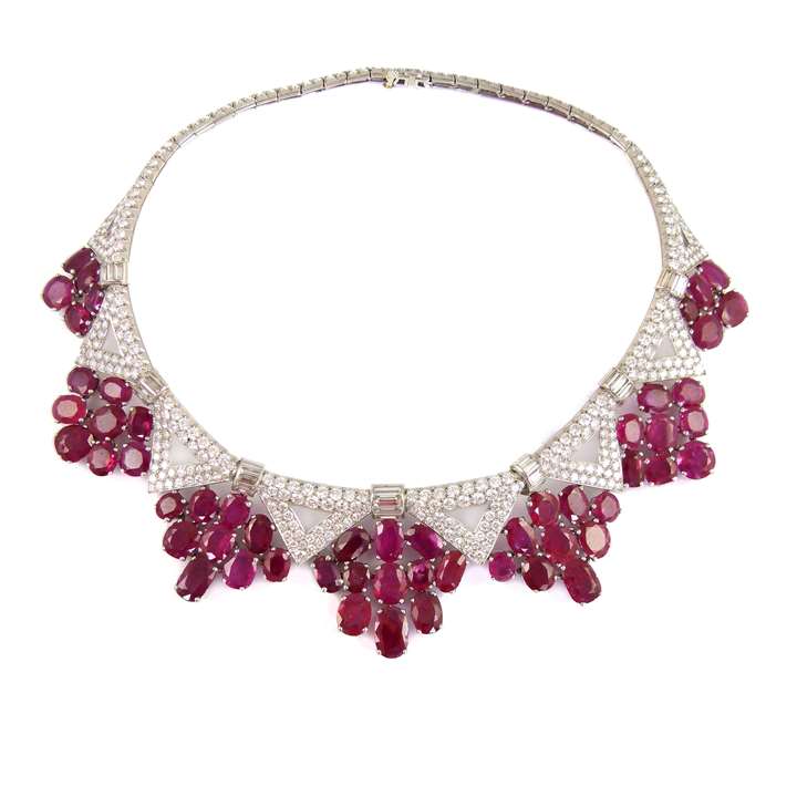 Mid-20th century ruby and diamond cluster necklace with a zig-zag fringe of Burma rubies